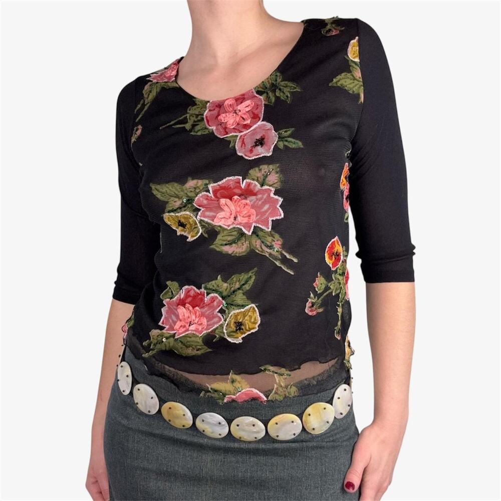 Italian vintage black mesh top 3/4 sleeve floral top embroidered beaded - M
